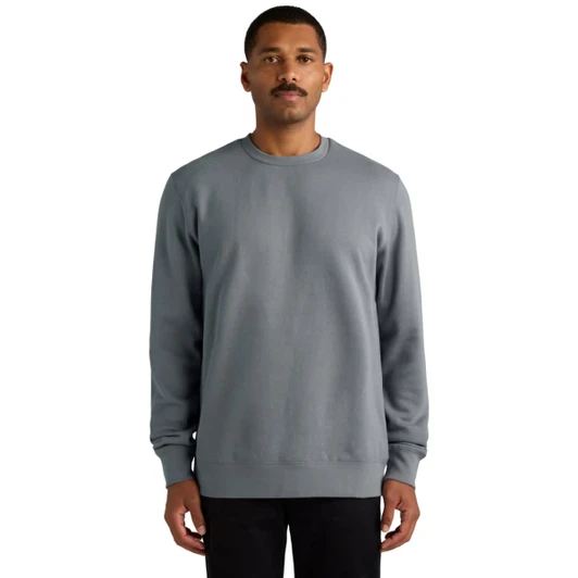 A grey hoodie featuring a round neck and long sleeves, worn by a man with a moustache. The product has a logo.