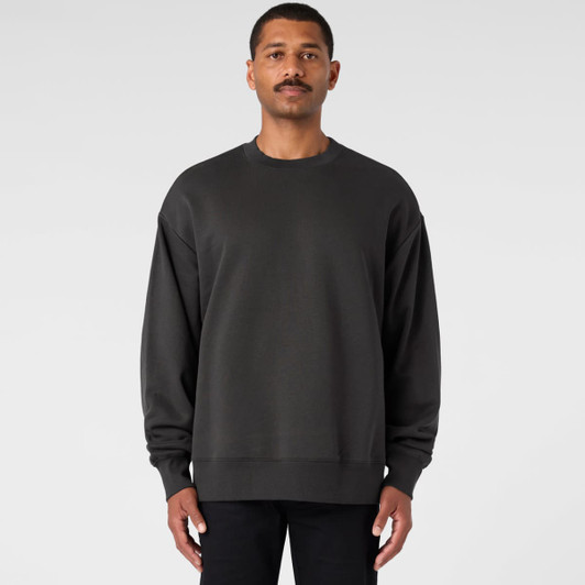 A dark grey sweater with a relaxed fit, featuring long sleeves and a crew neckline. It has a logo on it.