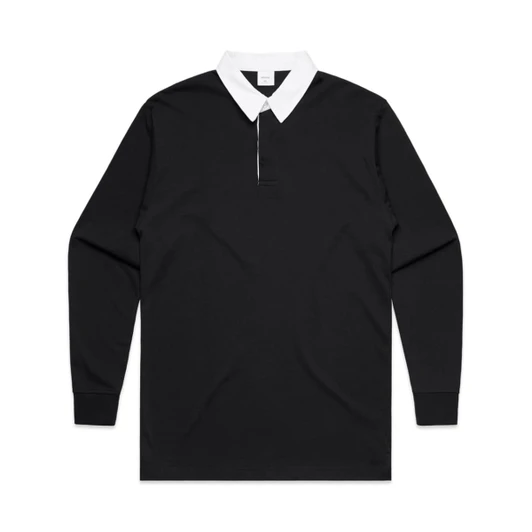 A long-sleeve black rugby jersey with a white collar and a front zip. It features a logo on the chest.