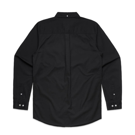 A black denim wash shirt with long sleeves and a button-up design, featuring a logo on the back.