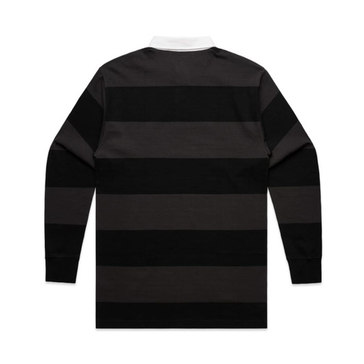 A back view of a Rugby Stripe T-shirt featuring black and grey horizontal stripes, with a white collar and a logo.