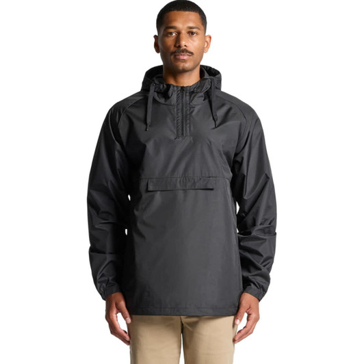 A black windbreaker jacket with a hood and a front pocket, featuring a logo on the chest.