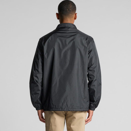 A black coach jacket with a relaxed fit, featuring long sleeves and a collar. The back view shows a clean design.