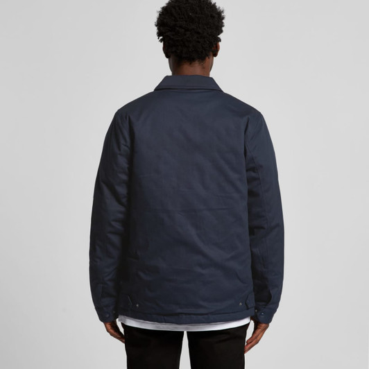 A navy work jacket with a simple design, featuring a collar and a logo on the back.