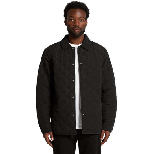 A black quilted jacket with a button-up front and a collar, featuring a logo.