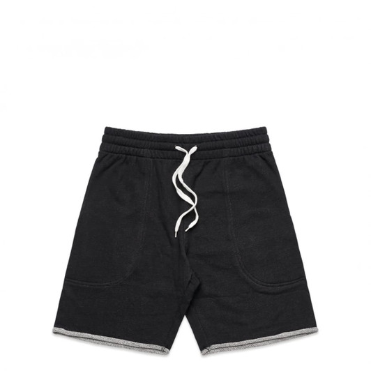 Black track shorts with a drawstring waist and a contrasting white trim. Features a logo on the front.