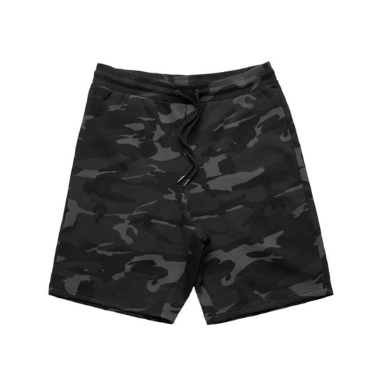 Black camo sports shorts with a drawstring waist and a logo. Ideal for casual or athletic wear.