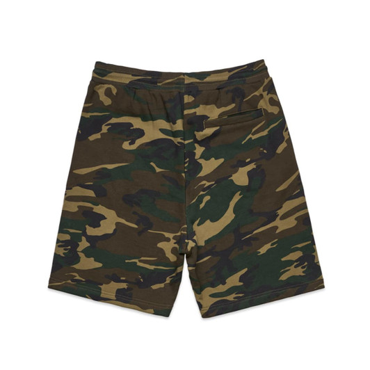 Camo shorts in green and brown tones, featuring a waistband and a logo on the back. Suitable for sports activities.