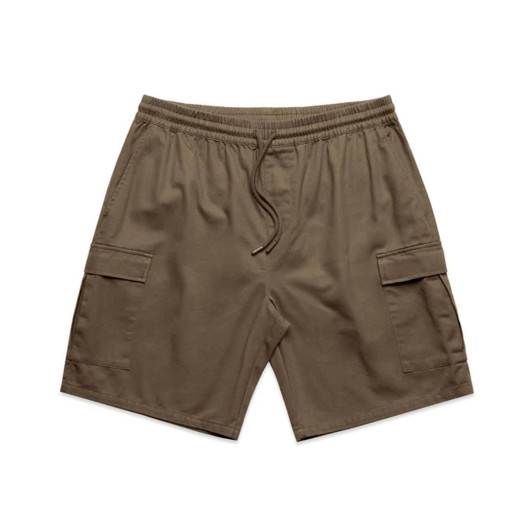 Cargo shorts in a rich brown colour feature an elastic waistband and multiple side pockets. There is a logo present.