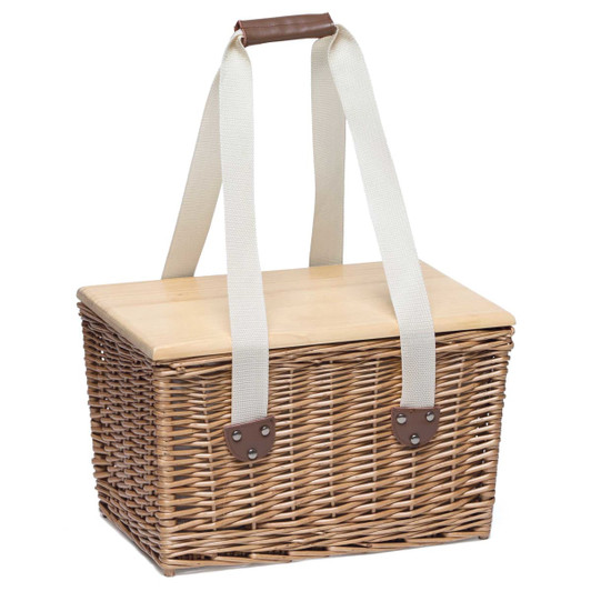 A wicker picnic basket with a wooden lid and cream-coloured straps, featuring leather detailing and a logo.