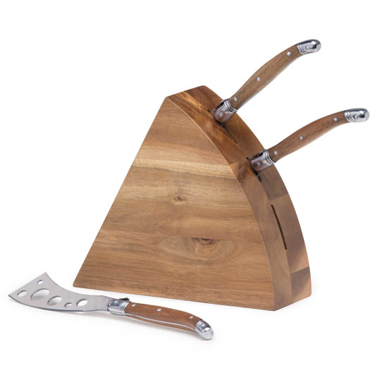 A wooden cheese knife block set in a wedge shape, featuring two stainless steel knives with wooden handles.