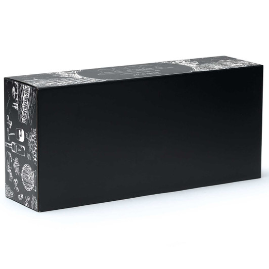A black gift box featuring illustrations related to wine tasting, with a logo on the front.