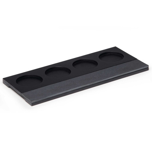 A black wooden tray featuring four circular indentations for wine tasting glasses.