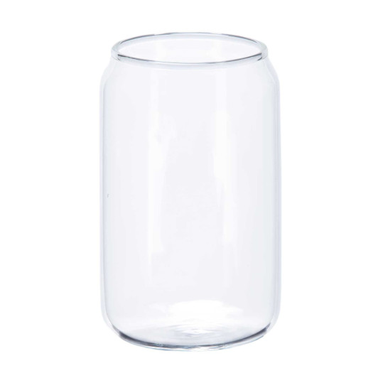 A clear glass resembling a beer can, featuring a smooth, cylindrical shape without any additional markings.
