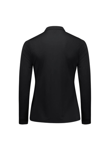 A black long sleeve polo shirt featuring a classic collar and a logo on the chest.