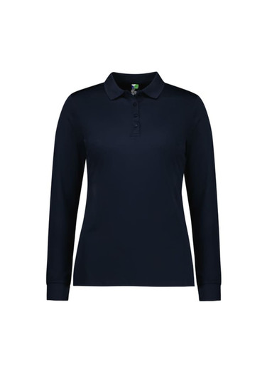 A women's long sleeve polo shirt in navy blue with a collar and button placket, featuring a logo.