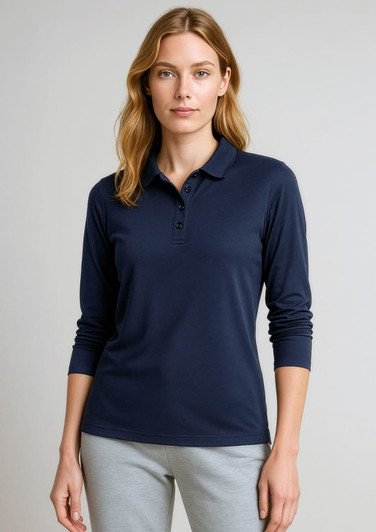 A navy long sleeve polo shirt for women, featuring a collar and buttons, with a logo displayed.