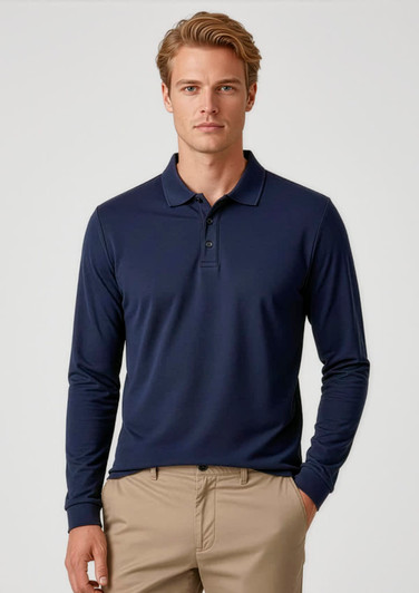 A long sleeve navy polo shirt for men, featuring a collar and button placket, paired with light-coloured trousers.