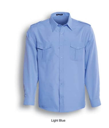 Unisex light blue long-sleeve service shirt with two front pockets and shoulder epaulettes. Features a logo.