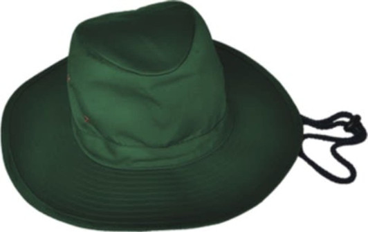 A wide-brimmed hat in dark green, featuring a chin strap and a logo on the side.