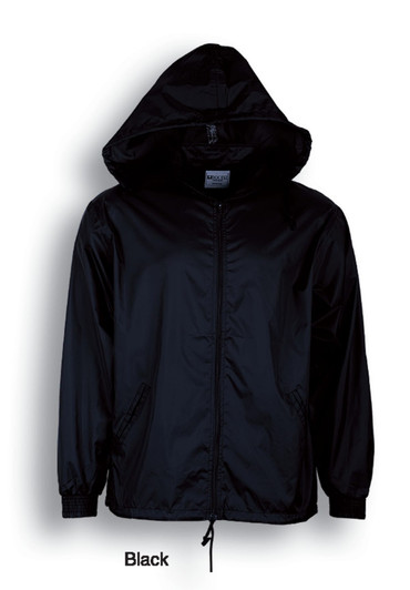 A black unisex adult Yachtsmans jacket with a hood, featuring a zip closure and elastic cuffs.