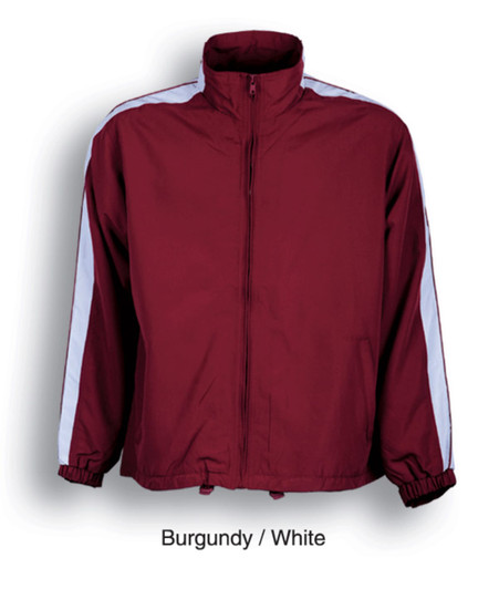 A burgundy and white unisex adults track suit jacket featuring a logo, with zip closure and elasticated cuffs.