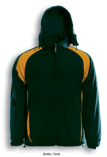 A reversible sports jacket in bottle green and gold, featuring a hood and a zip closure, with a logo on the chest.