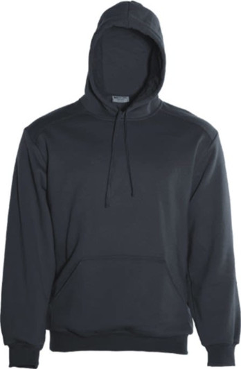 A dark grey kids' pullover hoodie featuring a front pocket and a hood, with a logo on the front.