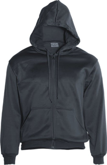 A black fleece hoodie with a zip front and a hood, featuring side pockets and a logo.