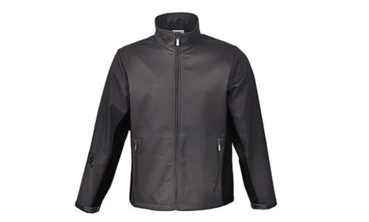 A black men's soft shell jacket with a zip front and high collar, featuring side pockets and a logo.