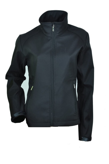 A black ladies soft shell jacket with a high collar and a zip closure, featuring a logo.