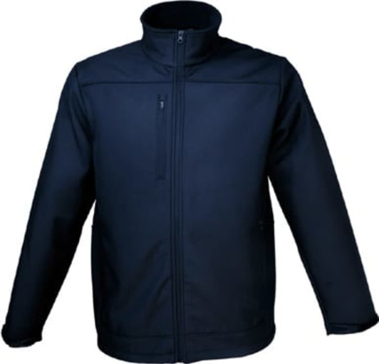 A navy soft shell jacket with a high collar and front zip pocket. It features a logo on the chest.