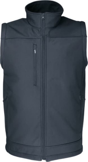 A dark grey men's ripstop softshell vest with a zip front and two side pockets, featuring a logo.