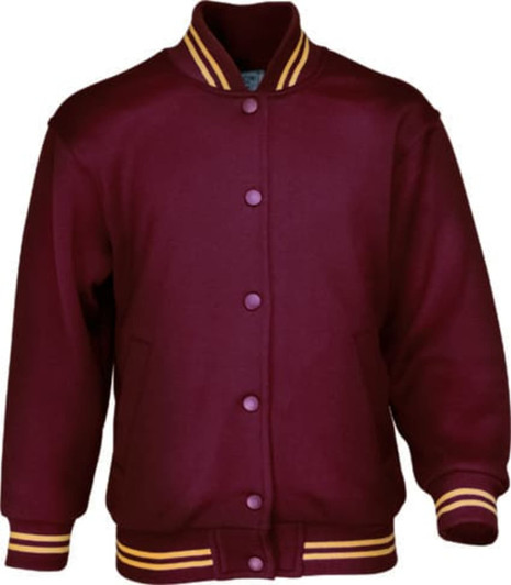 A maroon bomber jacket with yellow striped cuffs and collar, featuring buttons and pockets. Includes a logo.