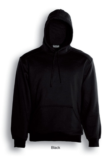 A black kids' pullover hoodie featuring a front pocket and a drawstring hood. It has a logo on it.