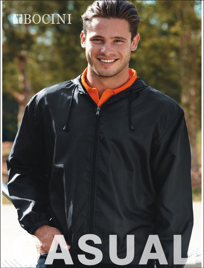 A black promotional wet weather jacket with a hood, featuring a logo, worn by a smiling man.