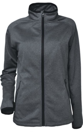 A grey ladies lightweight fleece zip-through jacket with black accents and a high collar, featuring side pockets and a logo.