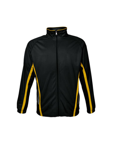 A black and yellow unisex track jacket featuring a zip front and side pockets, has a logo on the upper left.