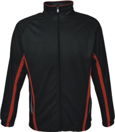 A black track jacket with red accents and side pockets, featuring a zippered front and high collar.