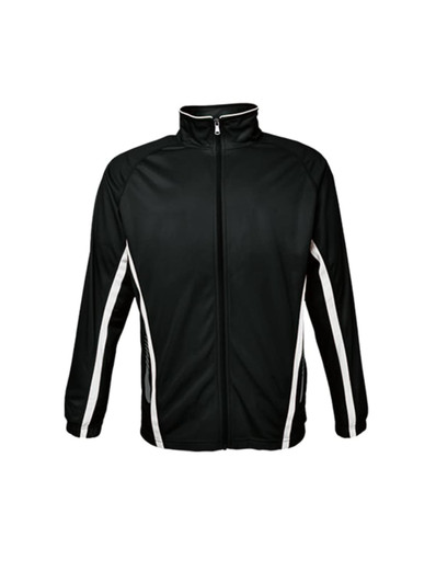 A black track jacket with white stripes along the sides and a zippered front. It features a logo on the chest.
