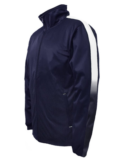 A navy unisex adults sublimated track jacket with a white stripe and zip-up front. Features pockets and a logo.