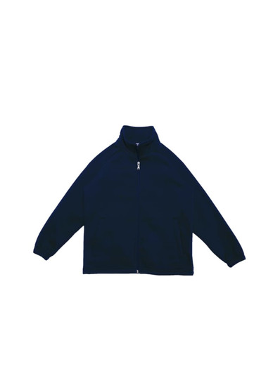 A navy poly/cotton fleece jacket featuring a zip-through front and long sleeves. It has a logo on the chest.