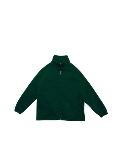 A green unisex poly/cotton fleece zip-through jacket with long sleeves and a collar. It has two front pockets.