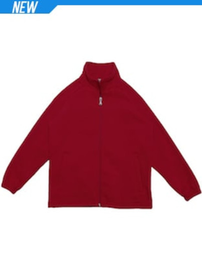A red unisex poly/cotton fleece zip-through jacket with a high collar and pockets, featuring a logo.