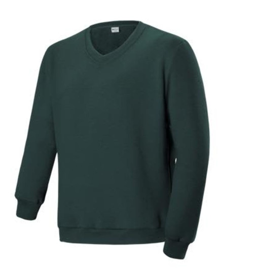 A dark green unisex V-neck fleece jumper with long sleeves and a relaxed fit.