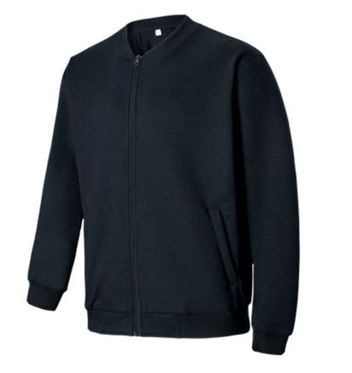 A black unisex fleece jacket with a zip, featuring long sleeves and side pockets. It has a simple design and a logo.