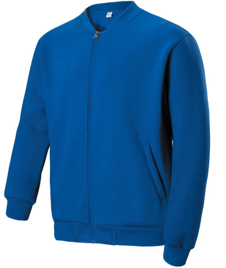 A blue unisex fleece jacket with a zip, featuring long sleeves and side pockets. It has a logo on the chest.