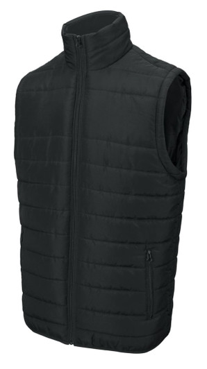 A black puffer vest with a zip front and side pockets, featuring a high collar and no sleeves.