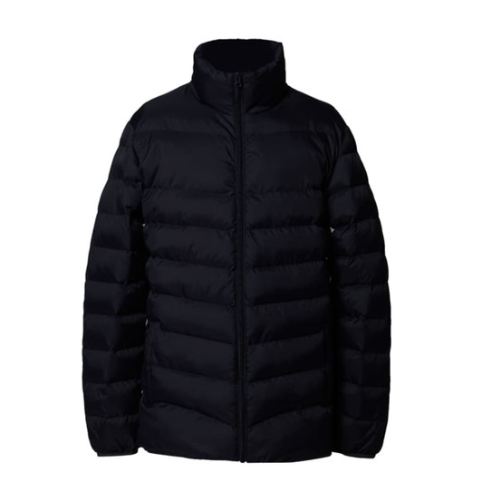A black puffer jacket with a high collar and zip-up front, featuring horizontal quilted sections.