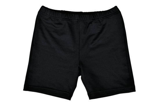 Black gym shorts for kids featuring an elastic waistband and no visible logos.